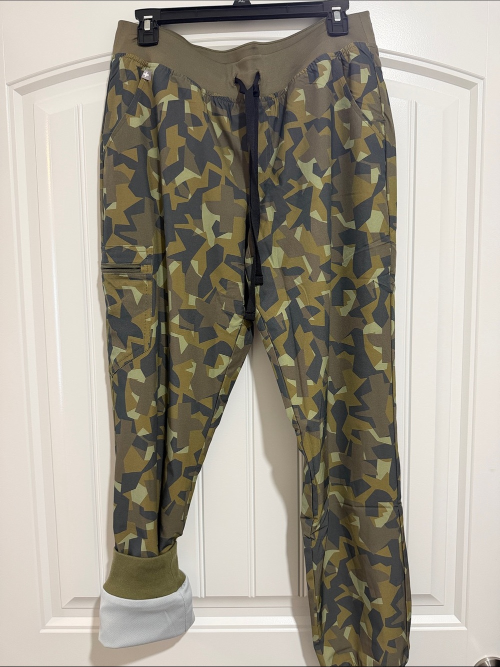 Figs Olive and Black Geometric Camo scrub pants lined